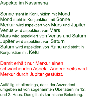 Aspekte im Navamsha  Sonne steht in Konjunktion mit Mond Mond steht in Konjunktion mit Sonne Merkur wird aspektiert von Mars und Jupiter Venus wird aspektiert von Mars  Mars wird aspektiert von Venus und Saturn Jupiter wird aspektiert von Saturn Saturn wird aspektiert von Rahu und steht in           Konjunktion mit Ketu  Damit erh�lt nur Merkur einen schw�chenden Aspekt. Andererseits wird Merkur durch Jupiter gest�tzt.  Auff�llig ist allerdings, dass der Aszendent umgeben ist von sogenannten �belt�tern im 12. und 2. Haus. Das gilt als karmische Belastung.